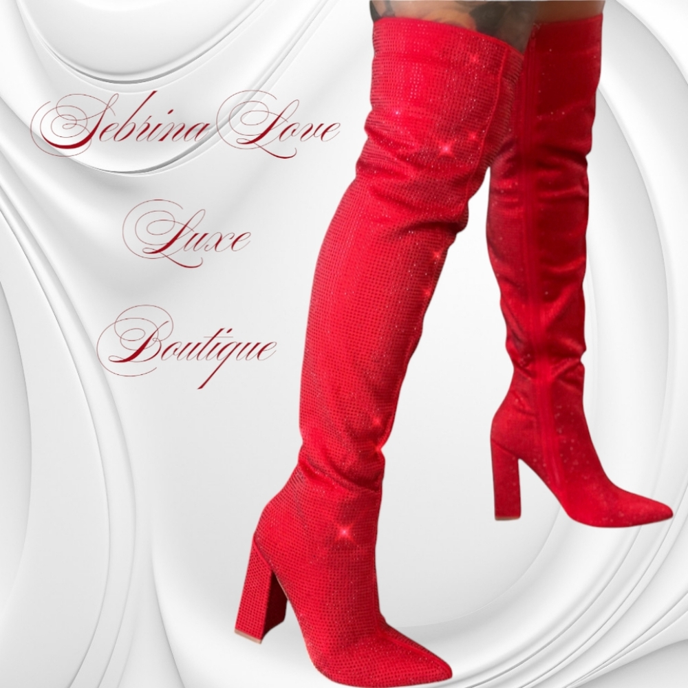 Sexy Red Crystal Diamante Rhinestone Over the Knee Thigh Boots
